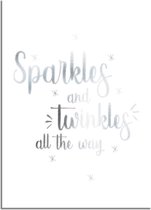 DesignClaud Kerstposter Sparkles and Twinkles all the way - Kerstdecoratie Zilver folie + wit A2 + Fotolijst zwart
