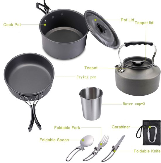 Camping Kookgerei - 9 -delig -Opvouwbare campingpannen - veilig en BPA - Geschikt voor 2-3 personen Buitenpicknick Kamperen Wandelenpannenset - Campingpot - Kookgerei - Kookset -Outdoor Camping Pannenset - Pannenset- Ideaal voor Kamperen — afbeelding 5