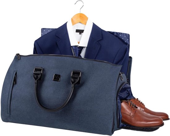 HUGH BUTLER 4-in-1 Weekender Bag - Praktische Duffle Bag voor Kleding, Laptop, Schoenen en Toiletartikelen - Elegante Navy Blauwe Kledinghoes, Perfect voor Zaken- en Werkreizen