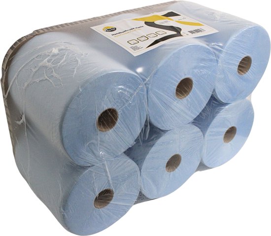 6 blauwe keukenpapierrollen, verpakt in plastic.