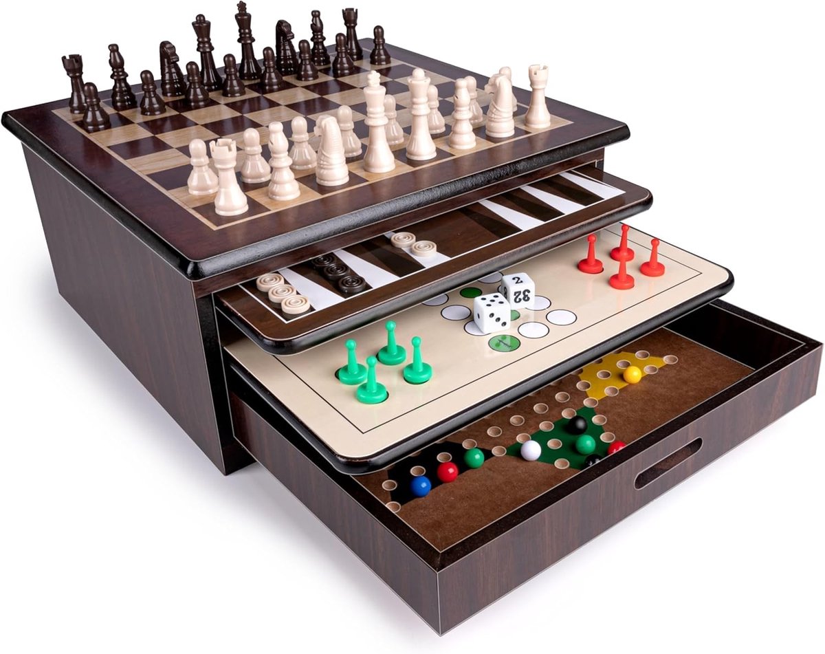 10-in-1 Speelbox voor Volwassenen - Schaken, Dame, Backgammon en Meer - Houten Opbergdoos