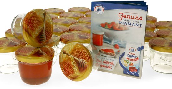 Veel weckpotten van 230ml met honingraatdeksels, met een pot honing en receptenboek.