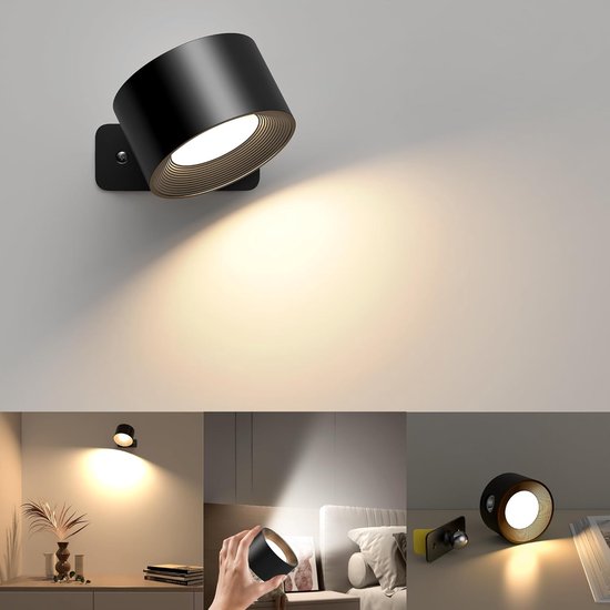 NETTLIFE Binnenwandlamp op batterijen met schakelaar: dimbare LED-wandlampen, zwart, draadloos, modern