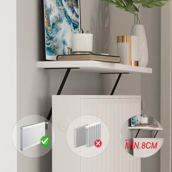 Radiatorplank Zonder Boren,Radiatorplankbeugels,Wit Zwevende Plank,Multifunctionele Planken Boven Radiatoropslag,Easy Fit,Modern Design,voor Thuiskantoor, Woonkamer,Keuken(80cm
