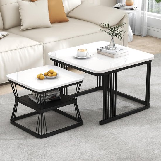 Set van 2 in elkaar passende salontafels, marmerlook, met opbergruimte, metalen frame, voor bij de bank