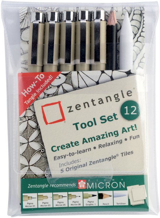 Zentangle Tool Set in plastic verpakking, met 6 Pigma Micron pennen, 1 Pigma Graphic 1 pen, 1 potlood, 1 tortillon en 5 Zentangle Tiles.