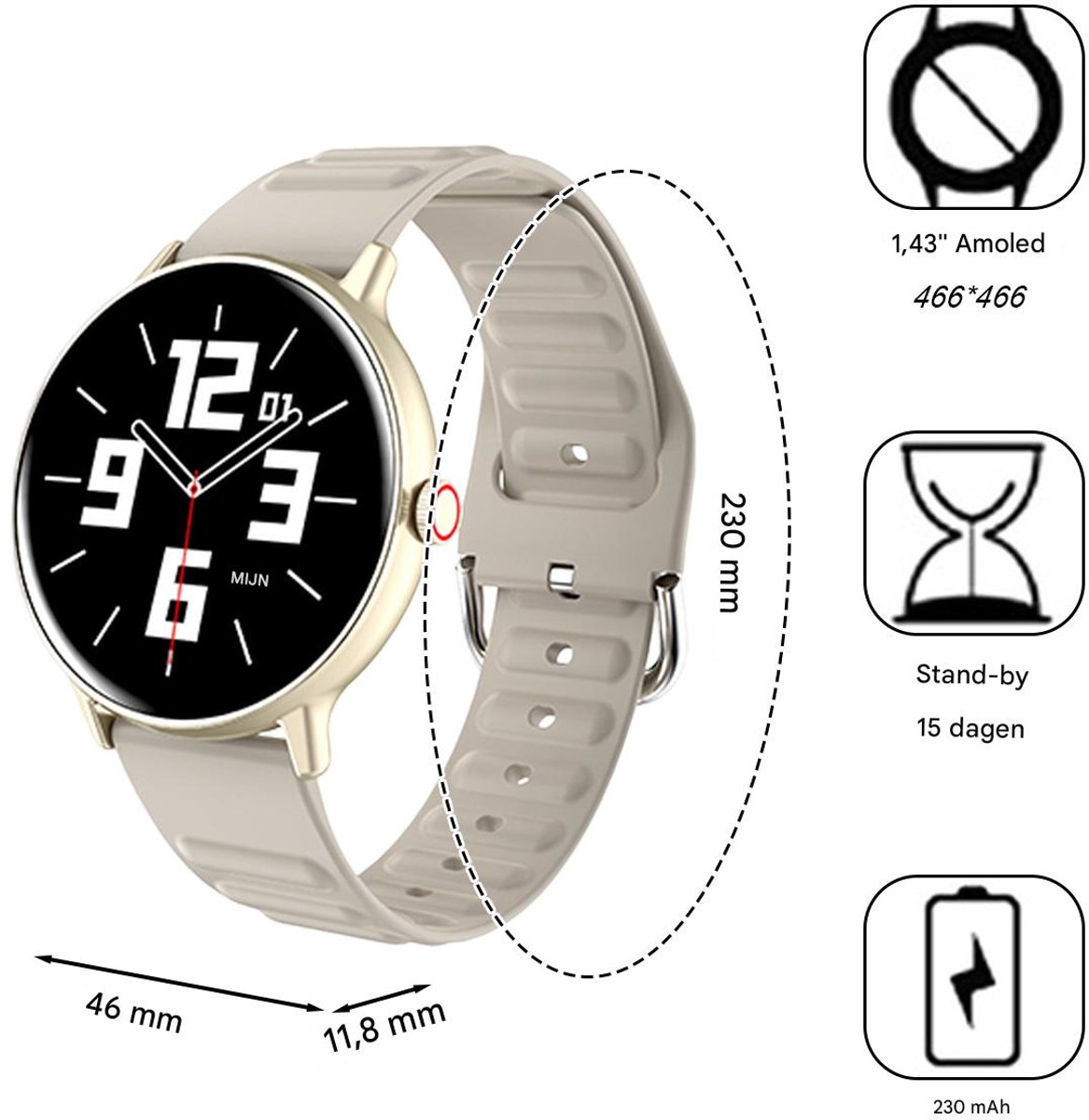 Afbeelding 2 van Dames Smartwatch 1,43 inch Touchscreen Beige Waterdicht