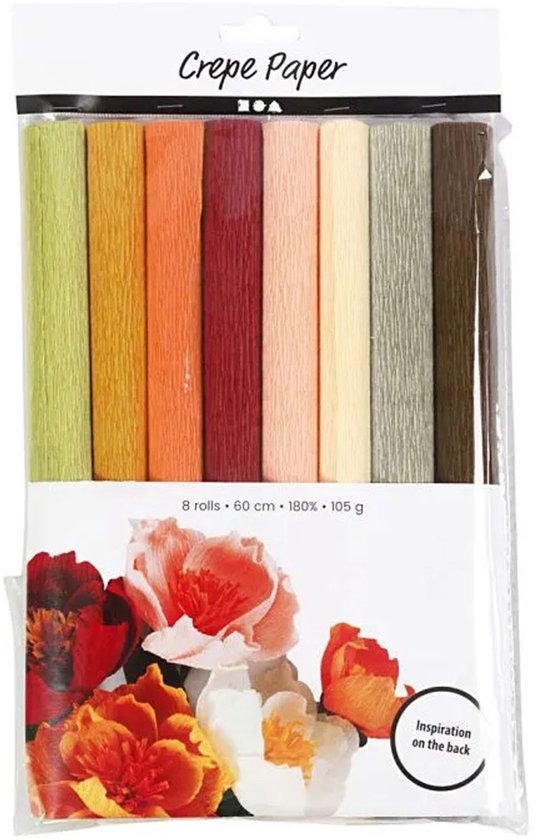 Lot de 8 rouleaux de papier crépon dans des tons chauds avec fleurs en papier et texte 'Inspiration on the back'.