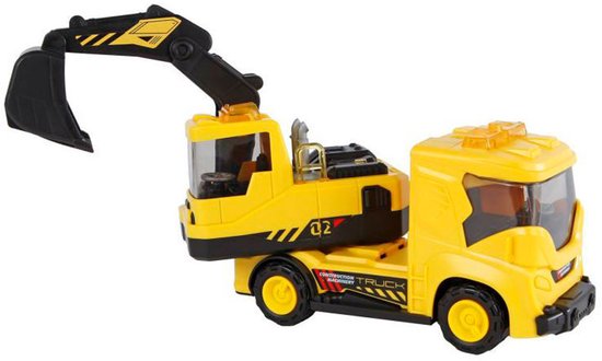 Gele bouwmachine met grijze accenten, werkend graafgedeelte en 'CONSTRUCTION TRUCK MACHINERY' opdruk.