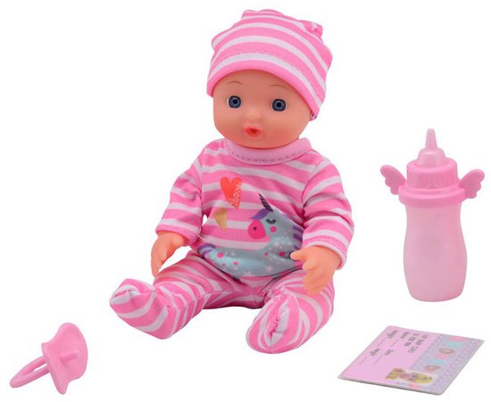Baby pop in roze gestreepte outfit met eenhoorn-print, zittend met speen en flesje.