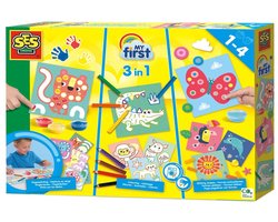 foto van SES Creative - My First - 3 in 1 mega set - Vingerverven, kleuren en vormen plakken - met 3 kleuren vingerverf, 7 dikke potloden, vingerlijm, plakfiguren en knutselkaarten - makkelijk uitwasbaar