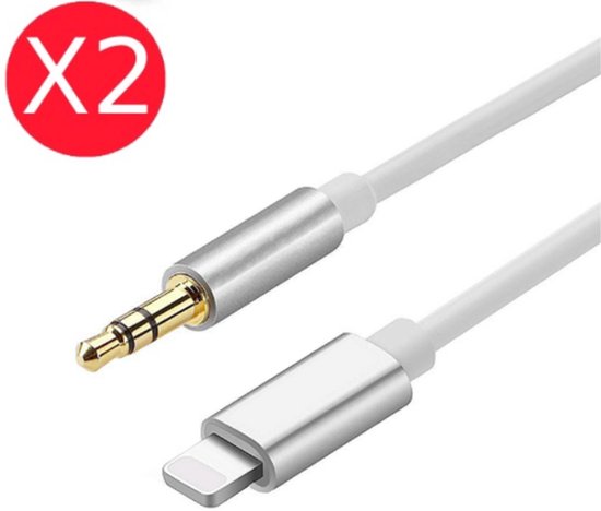 Audio AUX kabel naar lightning USB - 3.5mm hoofdtelefoon muziek aansluiting - audio jack - Autokabel - Wit - 2 stuks