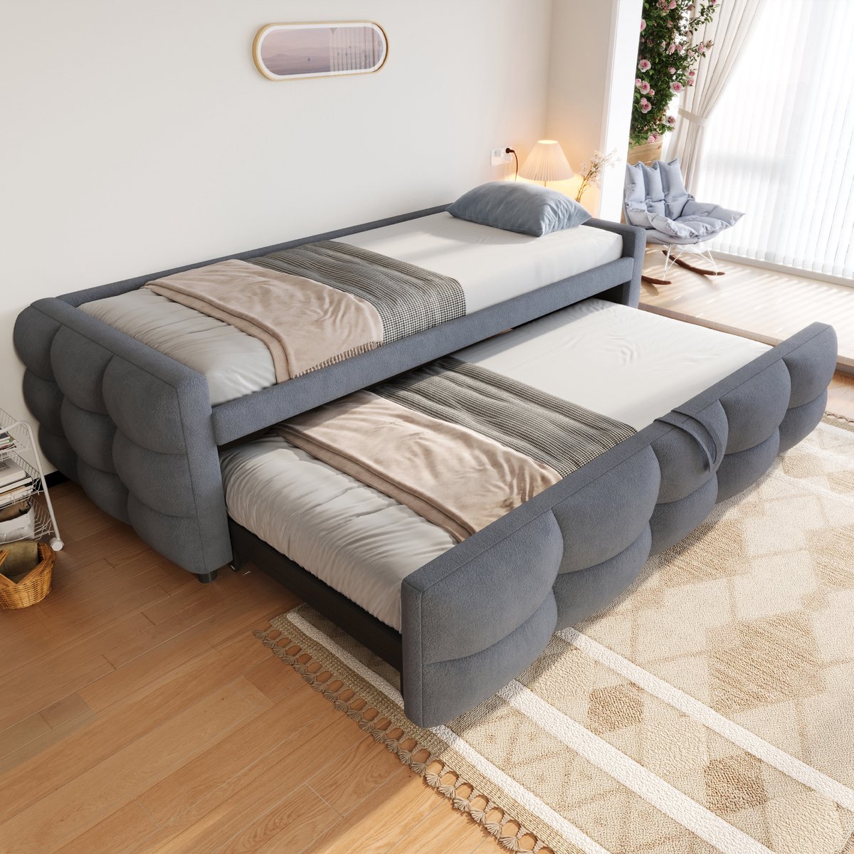 Pugsdrly Eenpersoonsbed Kinderbed Gekleurd bed Opvouwbaar bed Uitschuifbaar bed Nestbed 90/180x190 cm met lattenbodem multifunctioneel bed teddy fluweel stof grijs