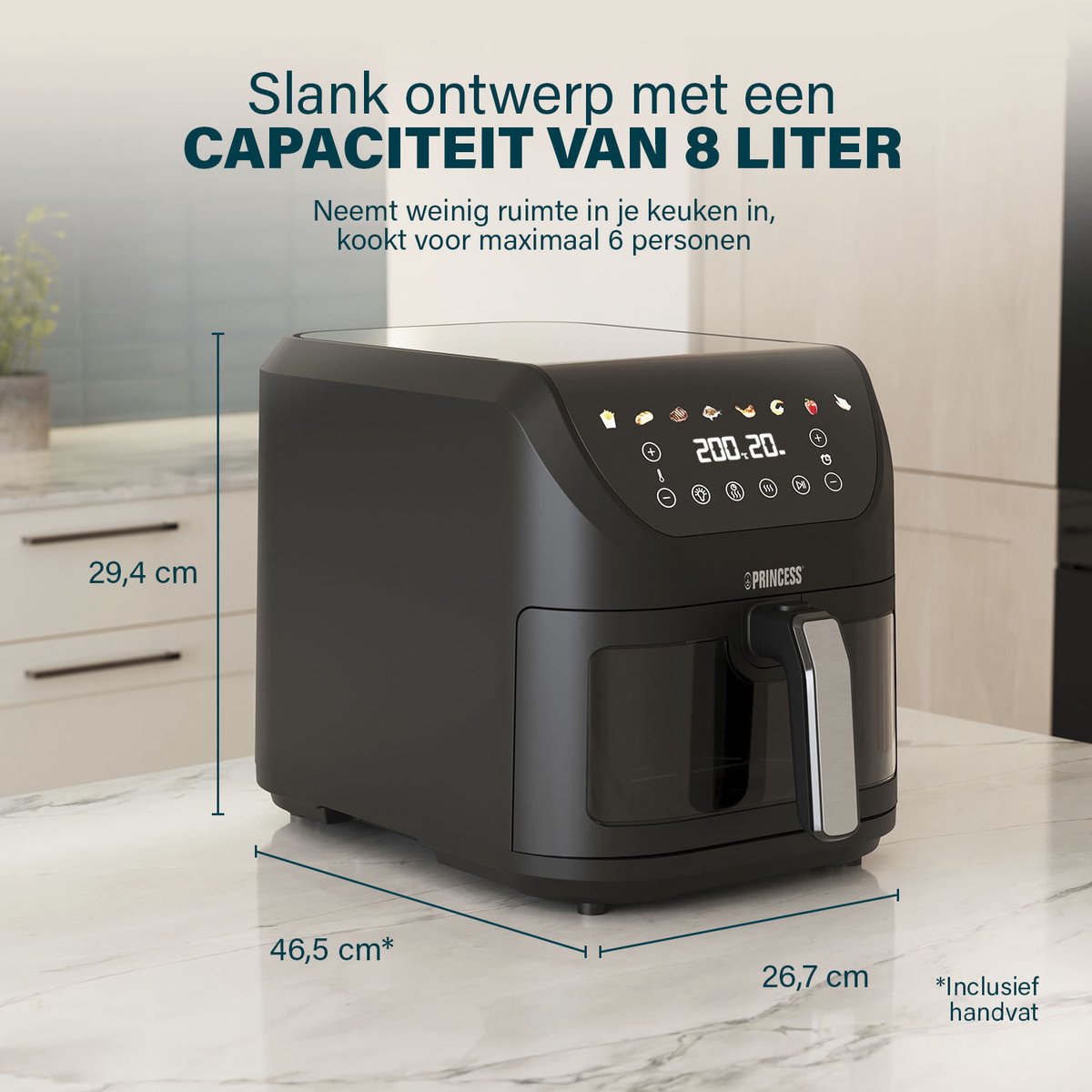 Princess 182257 SlimFry Airfryer - 8 L capaciteit - Doorzichtig kijkvenster - Digitaal touchscreen - 8 voorgeprogrammeerde instellingen - Compact design - 2000 W — afbeelding 4