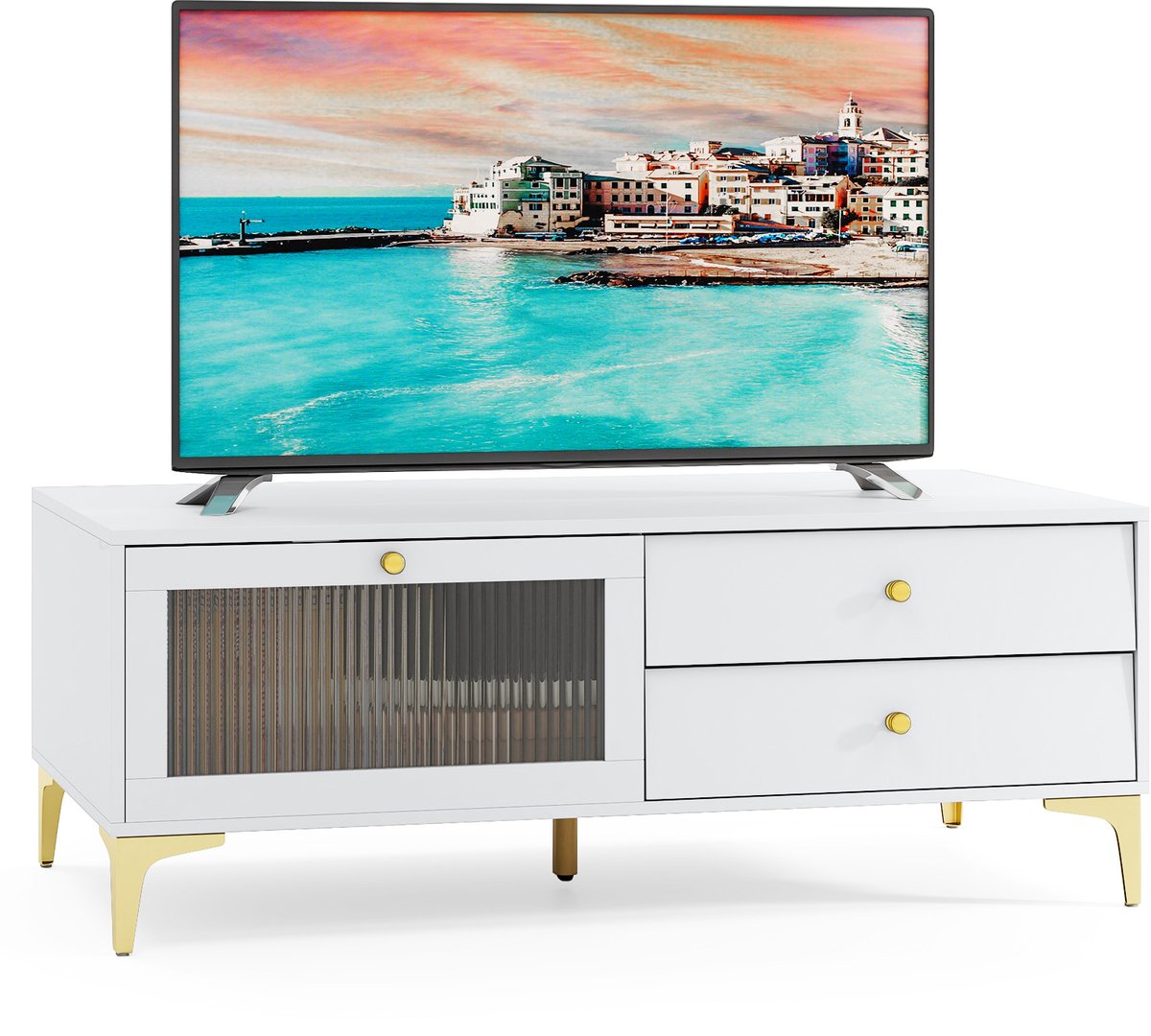 Costway Tv-kast, televisietafel met 2 laden, opklapbare deur van gehard glas en metalen poten, televisiekast voor tv's tot 55 inch, lowboard, tv-rek voor woonkamer, wit