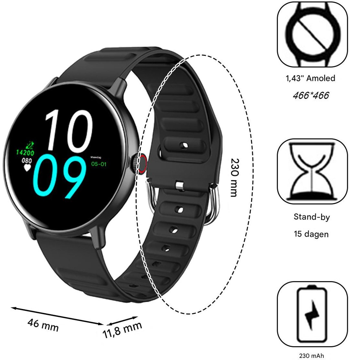 Afbeelding 2 van Dames smartwatch - 1,43 inch volledig aanraakscherm fitness horloge - Hartslagmonitor - Waterdicht, geschikt voor Android en iOS - Zwart