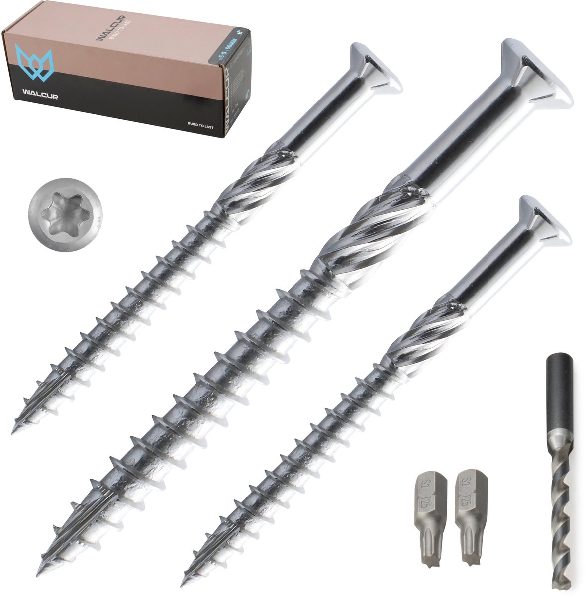 WALCUR torx schroeven 5.0 x 60 mm RVS Zelfborende Vlonder schroeven Verpakking van 500 stuks met 2 Torx-bits en 1 boormachine, zware houtschroevenset