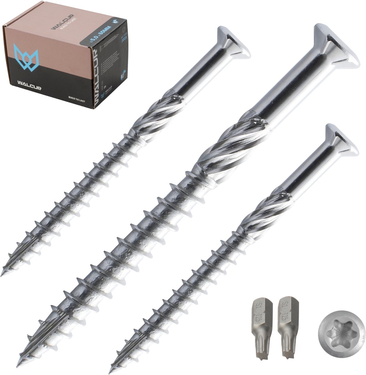WALCUR torx schroeven 5.0 x 60 mm RVS Zelfborende Vlonder schroeven Verpakking van 200 stuks met 2 Torx Bits Zware Houtschroevenset Torx