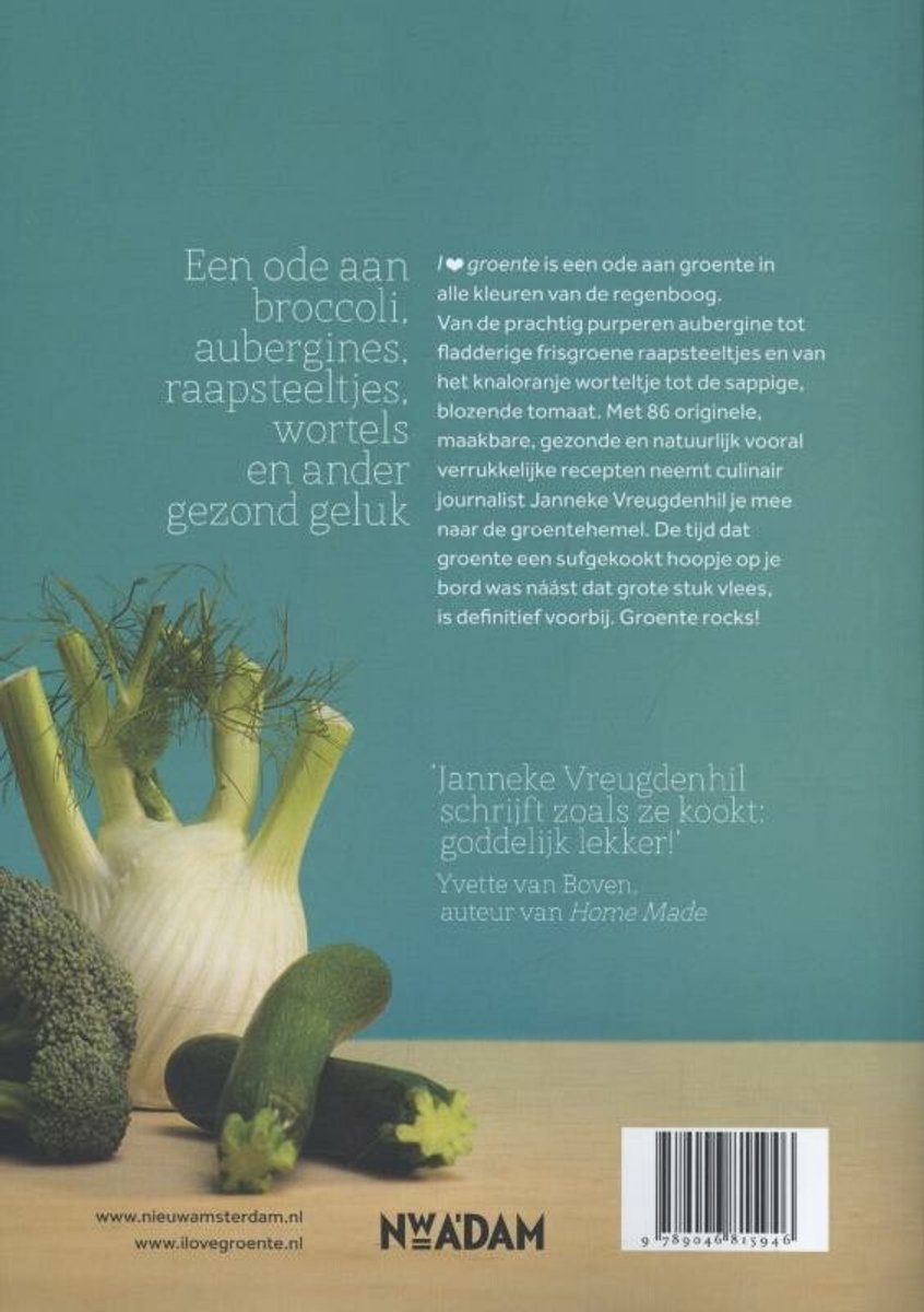Achterkant boek met tekst over groenten en recepten. Een close-up van venkel, courgette en broccoli.