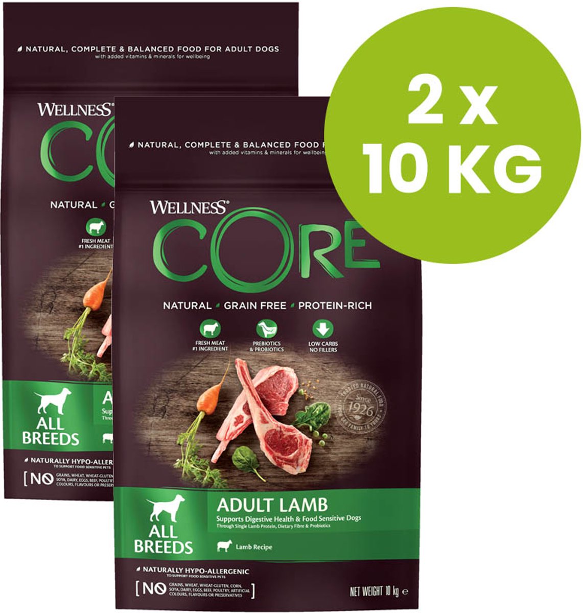 Wellness CORE dry Hond adult lam 20KG – Hondenvoer – 2 x 10kg
