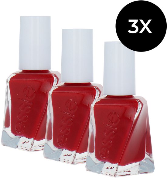 Drie flacons Essie nagellak in de kleur Scarlet Starlet. De flacons hebben een opvallend gevormd glas en witte dopjes. Een zwart cirkelvormig icoon met '3X' geeft aan dat het een set van drie is.