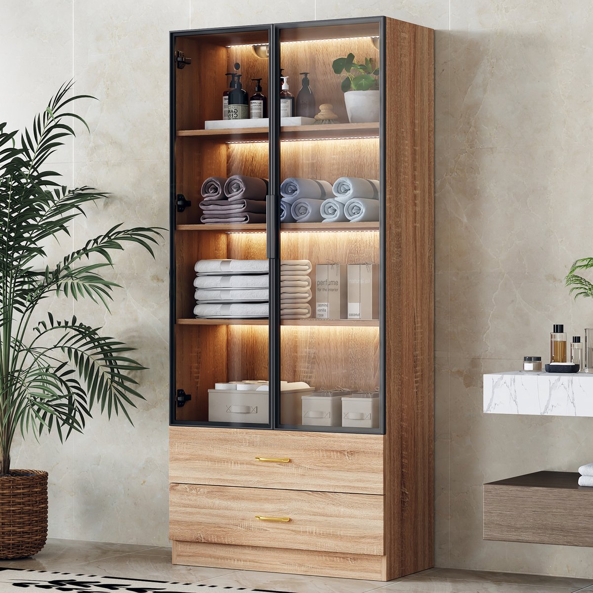 Badmeubel | 75 cm breed | 2 grote laden + 2 glazen deuren | LED-verlichting | Moderne badk