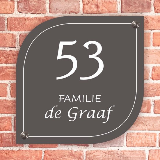 Plaque nominative gris foncé de luxe pour porte d'entrée avec cadre blanc - 15 x 15 cm - Matériel de fixation en acier inoxydable inclus