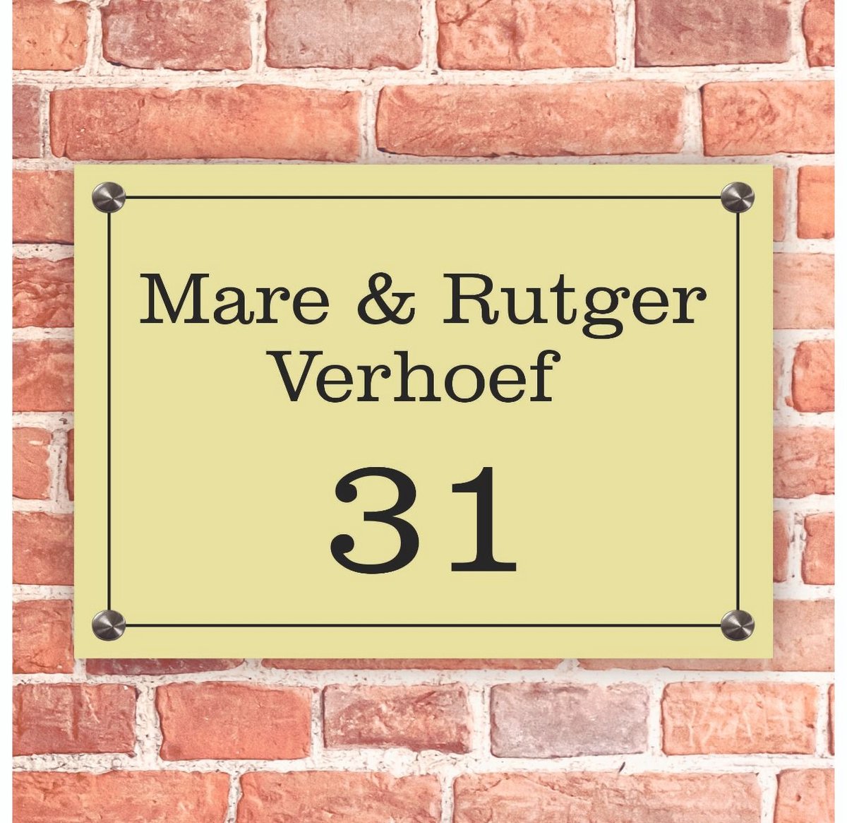 Naambordje voordeur rechthoek geel met zwart kader - 20x14cm - Incl. RVS bevestigingsmateriaal
