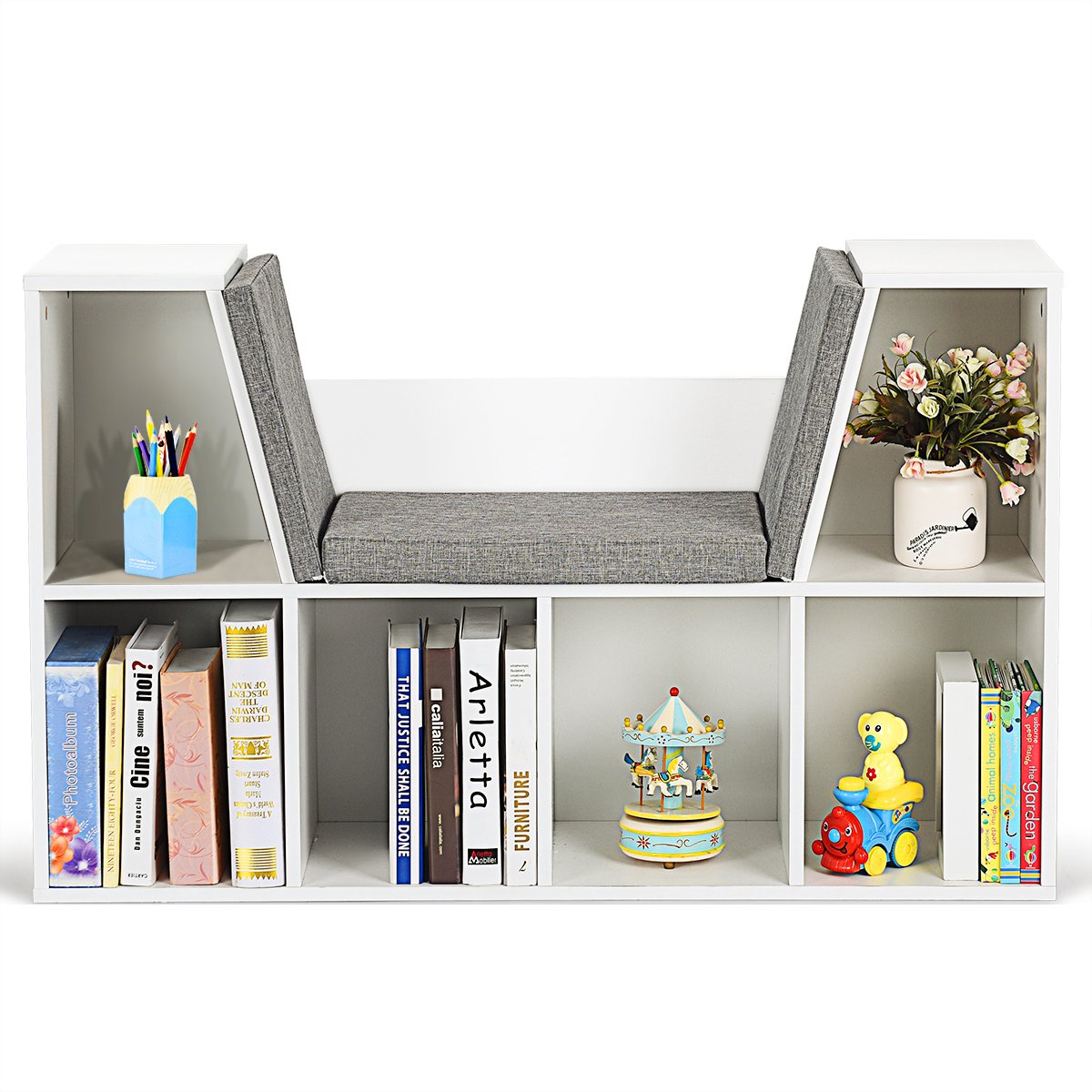 Costway Kinderboekenkast met kussen, 6 vakken, houten kinderrek met achterwand, opbergrek, kubusrek, boekenkast voor kinderkamer, slaapkamer, 103 x 30 x 63 cm (wit)