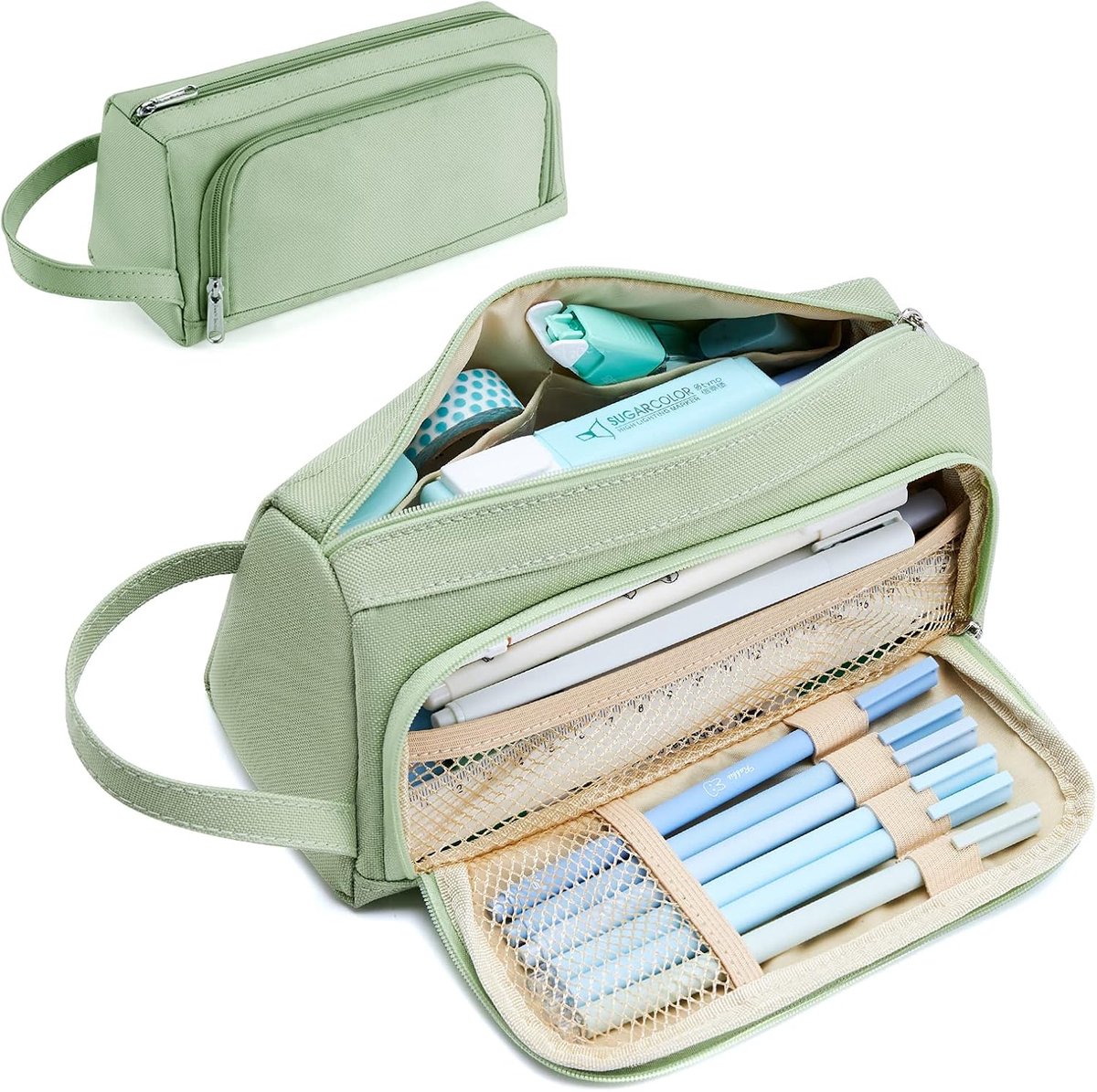 Groot Pennenetui met 2 Vakken - Esthetisch Design voor School en Cosmetica - Groen