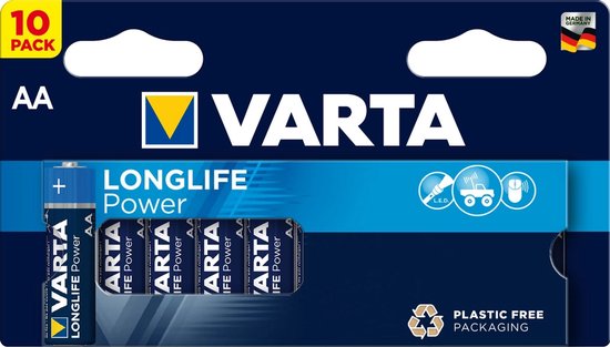 Varta Longlife Power AA batterijen in plasticvrije verpakking, 10 stuks.