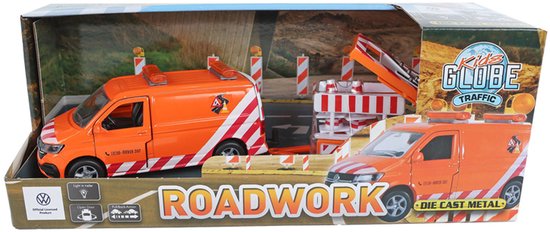 Oranje speelgoedbus met witte en rode strepen en "ROADWORK"-tekst op de verpakking.