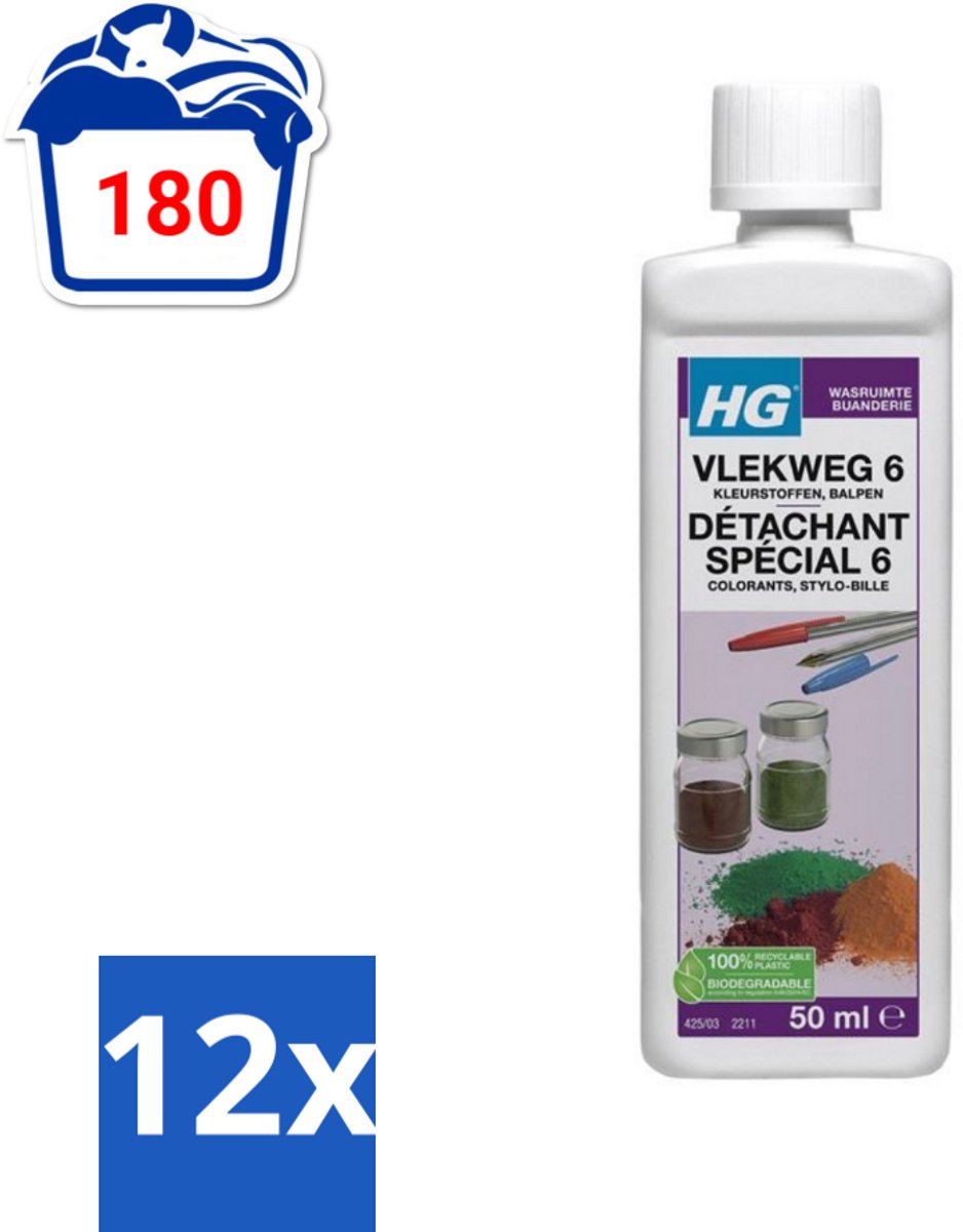 12 x HG - Wasruimte - Vlekweg 6 - Kleurstoffen & Balpen - 50 ml - Vlekkenverwijderaar - Hardnekkige Vlekken - Vlekken Uit Textiel - Balpen Vlekken - Kleurstoffen Vlekken