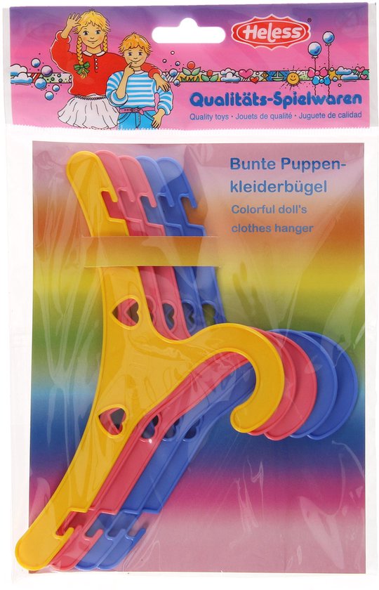 Verpakking met 5 gekleurde poppenkledinghangers, met regenboog en kinderen op de voorkant.