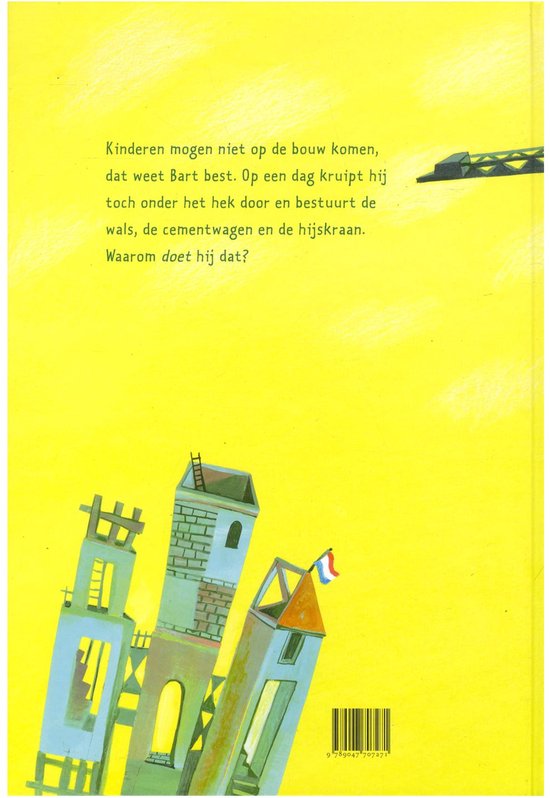Achterkant boek met gele achtergrond. Iconen van gebouwen, een kraan en tekst.