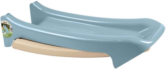 Blauwe glijbaan met beige steun, liggend op zijn kant. Toont "Smoby Life" en "38% gerecycled materiaal".