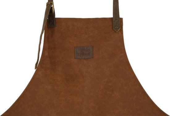 Bruin kunstleren schort met bruine leren patch met "URBAN STORAGE" logo en verstelbare schouderbanden.