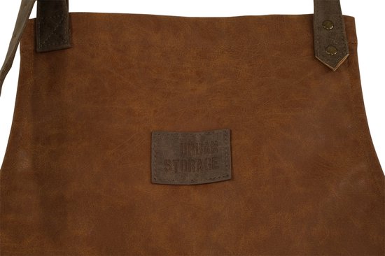 Bruin kunstleren schort met bruine leren patch met "URBAN STORAGE" logo en leren banden.