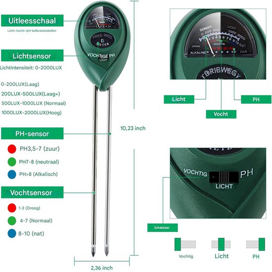 3-in-1 bodemtester kit - Meet vochtigheid, licht en pH - Ideaal voor tuinieren binnen en buiten - Groen - 30 cm - 1 stuk — afbeelding 3