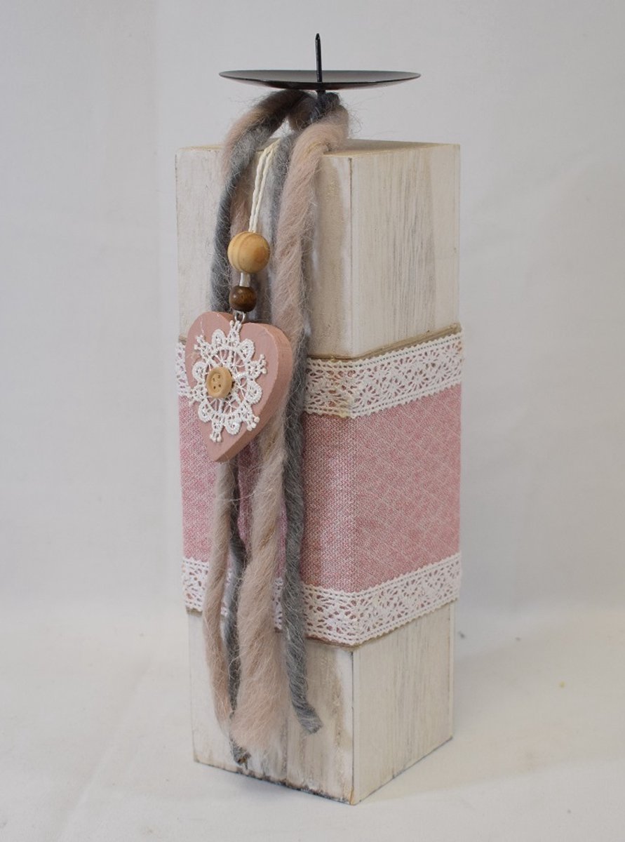 ZoeZo Design - Kaarsenhouder - kandelaar - Ibiza - Boho - H 30 x 8 x 8 cm - hout - wit - roze
