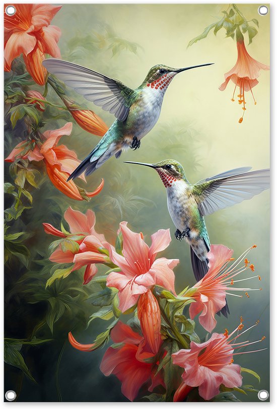 Graphic Message - Schuttingdoek inclusief Spanners - Kolibries met Bloemen - Vogel Tuindoek 60x90 - Outdoor Tuin Poster - Waterbestendig - Groen - Kolibrie - Schutting Tuinposter - Vogels Tuindecoratie - Tropisch