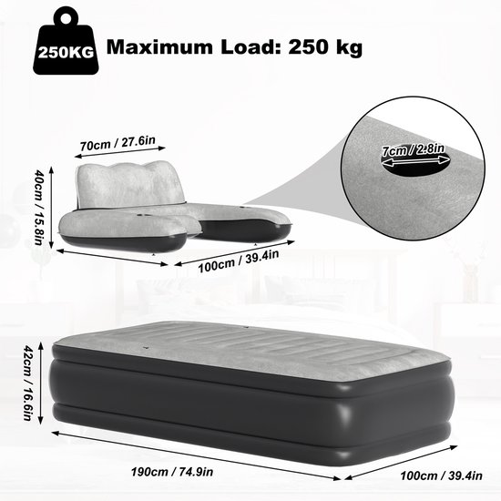 NAIZY Luchtbedden 100x190x82cm Eenpersoonsbed Luchtmatras Zelfopblazend met rugleuning & Elektrische luchtpomp Snel opblazen/ leeg laten lopen Opvouwbaar luchtbed Laadvermogen tot 250KG van NAIZY — afbeelding 2
