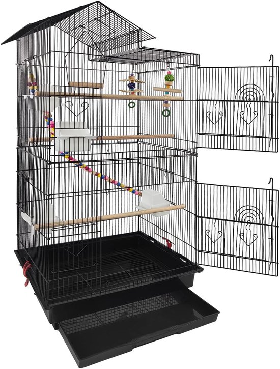 NAIZY Vogelkooi met kooispeelgoed, groot vogelhuis, vogelvolière, metaal, kooi, vogel voor vinken, kanaries, parkieten, zwart, 46 x 35,5 x 99 cm