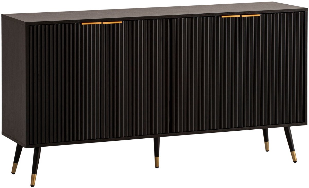 Dressoir 150x81x39 cm Dressoir Zwart met Eiken Decor, Ladekast met Deuren, Ladekast Halkast Modern, Staande Kast Woonkamer Metalen Poten