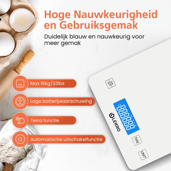 Witte digitale keukenweegschaal met blauw display, met icoontjes voor 'Max 15kg/33lbs', 'Lage batterijwaarschuwing', 'Terra functie', 'Automatische uitschakelfunctie'.