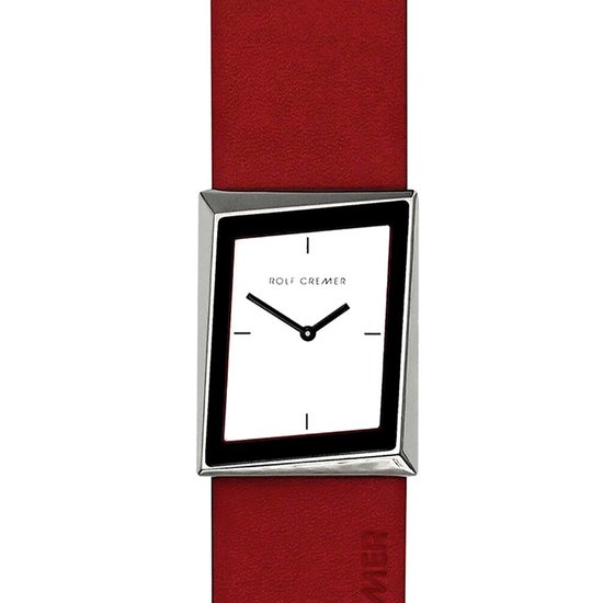 Rolf Cremer horloge met witte wijzerplaat, zwarte wijzers en een roodleren band.