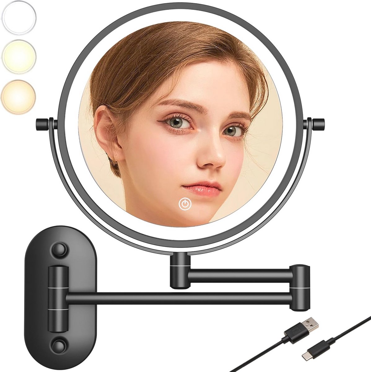 Verlichte Vergrotingsspiegel 20 cm voor Wandmontage met LED en USB-Oplaadbaar - 10X