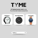 Logo van TYME met "#1 Nederlands merk" en afbeeldingen van een wekker, wandklok en horloge.