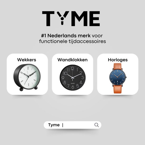 Logo van TYME met "#1 Nederlands merk" en afbeeldingen van een wekker, wandklok en horloge.
