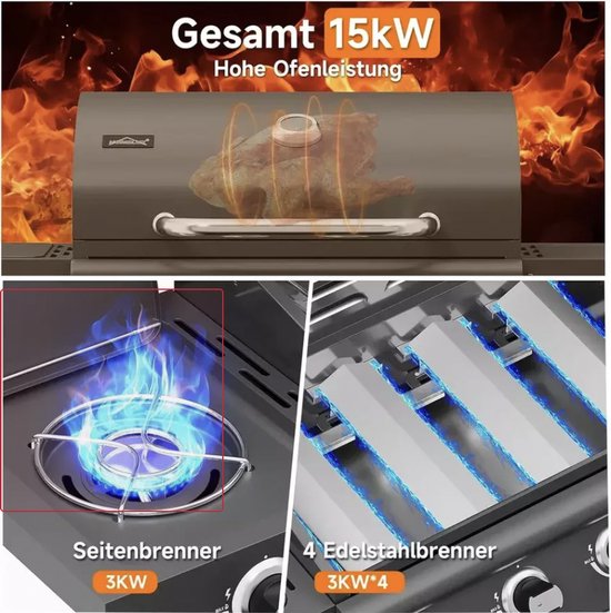 Betaalbare Gas BBQ 15KW - Buitenkeuken - Barbecue - 4+1 branders en zijbrander - Goede kwaliteit - Stevig - EU gecertificeerd - Zwart van MAXXgarden — afbeelding 3
